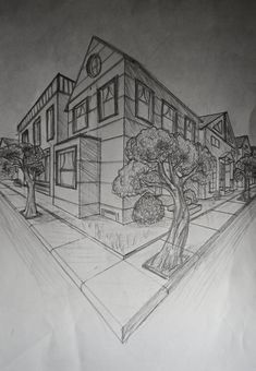 This drawing shows 2-point perspective view of a neighbourhood and I used the traditional pencil drawing method for this. One And Two Point Perspective Drawings, 1st Point Perspective Drawing, Architecture Drawing 2 Point Perspective, 3pt Perspective Drawing, Two Point Perspective Sketch, Four Point Perspective Drawing, 2pt Perspective Drawing, Drawing Places Sketches, 2 Point Perspective Drawings