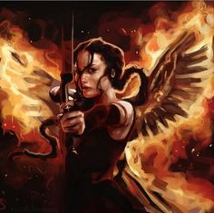 a painting of a woman holding a bow and arrow with fire in the air behind her