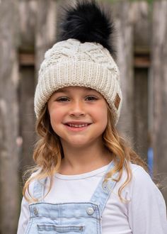 Kids ivory cable knit hat with black faux fur pom accentFleece lined Flannel Sweatshirt, Kids Winter Hats, Child Portrait, Cable Knit Hat, Kids Fleece, Kids Boutique, Black Faux Fur, Pom Pom Hat, Gift Boutique