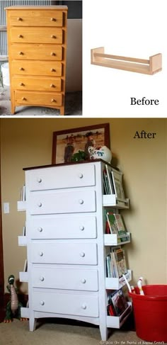 there is a white dresser with many books on it in the room next to a red bucket