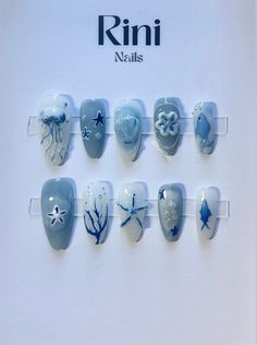 Blue Ocean Nails Art Designs, Wave To Earth Nails, Sea Theme Nails, Whale Shark Nails, Summer Theme Nails, Ocean Nails Designs, Small Nails Design, Sea Foam Nails