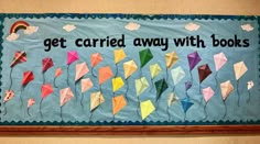 Kite Bulletin Board May Book Displays, Kite Bulletin Board Ideas, April Library Bulletin Board Ideas, Accelerated Reader Bulletin Boards, March Library Displays, Book Rainbow Bulletin Board, Spring Library Displays, Spring Library Bulletin Boards, Spring Library Book Displays