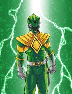 the green ranger is standing in front of a lightning bolt with his hands on his hips