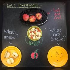 an image of apples and other food on a black board