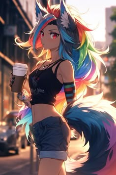 a girl with colorful hair holding a cup