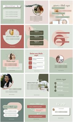 a bunch of different types of webpages on a white and green background with pink accents