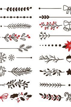 the different types of christmas decorations are drawn in black and red ink on white paper