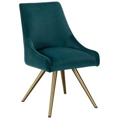 a green velvet chair with gold legs