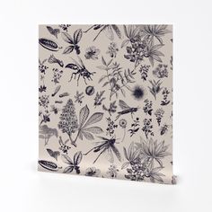 an image of a wallpaper with flowers and bugs on it in black and white