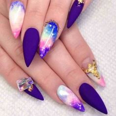 Stiletto Galaxy Nails♡♡♡ Pointy Almond, Pointy Acrylic Nails, Purple Manicure, Pointy Nails, Stiletto Nail Art, Cute Spring Nails, Claw Nails