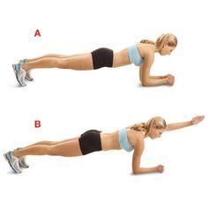 a woman doing planks with the instructions below