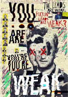 a collage with words and pictures on it, including an image of a man's face