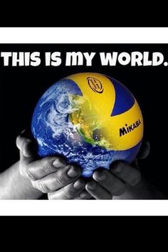 a person holding up a blue and yellow ball with the words, this is my world