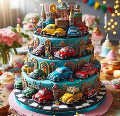 a blue cake with cars and buildings on it's top is surrounded by cupcakes