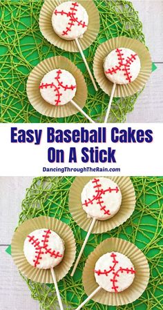 three cupcakes with baseball decorations on them