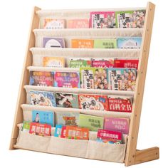 a wooden bookshelf with multiple pockets for children's books