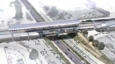 an artist's rendering of a train traveling over a bridge in the middle of a city