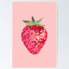 a strawberry with pink background and green leaves on it poster by artmagert com