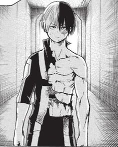 an anime character standing in a hallway with his arm around the chest and looking at something