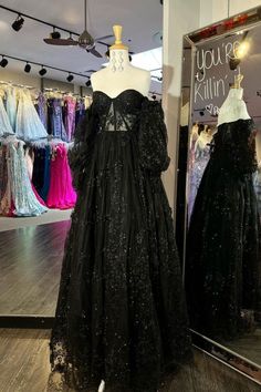 Dressime A Line Sweetheart Tulle Puff Sleeve Long Prom Dress With Appliques dressime Black Long Sleeve Prom Dress, Gothic Prom Dress, Dresses Sweet 16, Black Lace Prom Dress, Long Sleeve Prom, Sweet 16 Dresses