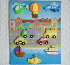 a card with cars and hot air balloons on it