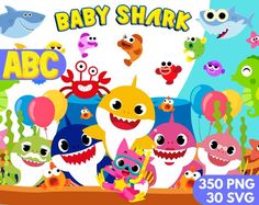 baby shark abco game for children with cartoon animals and fish in the background, including balloons