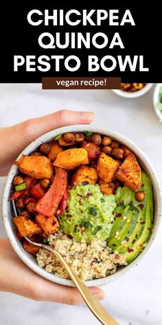 a person holding a bowl filled with chicken, quinoa and avocado