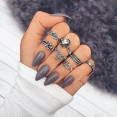 Nails And Rings, Grey Nails, Gray Nails, Super Nails, Dark Nails, Color Street Nails, Matte Nails, Stiletto Nails, Acrylic Nail Designs