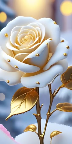 a white rose with gold leaves in the snow