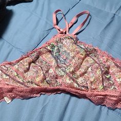 This Is A Brand New Bralette By Victoria Secret, This Is A Size Large. Pink Lace Bra With Lace Trim, Pink Stretch Camisole Bra, Pink Underwire Bra With Straps, Feminine Pink Bra For Spring, Pink Stretch Lace Bra, Pink Lace Feminine Bra, Feminine Pink Lace Bra, Party Pink Bra With Lace Trim, Spring Pink Bra With Lace Trim