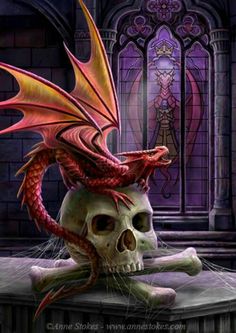 a purple dragon sitting on top of a skull