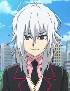 an anime character with white hair wearing a black suit and pink shirt, standing in front of a cityscape