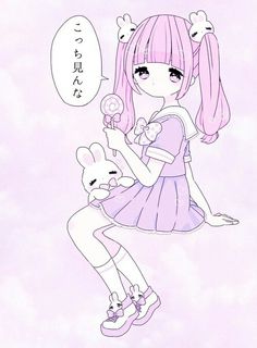 a drawing of a girl with pink hair holding a teddy bear in front of her