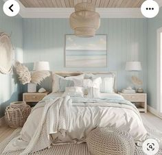 a bed room with a neatly made bed and wicker baskets