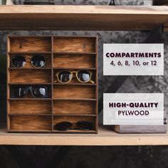 wooden display case with sunglasses and price signs