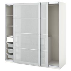 a white closet with shelves and drawers