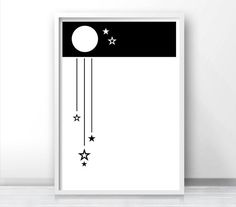 a black and white poster with stars hanging from it