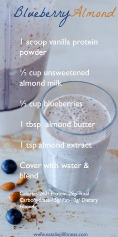 blueberry almond protein smoothie recipe in a blender with ingredients on the side