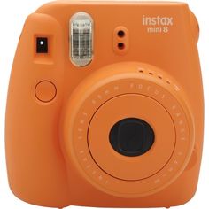 an orange polaroid camera is shown on a white background with the words instax 8