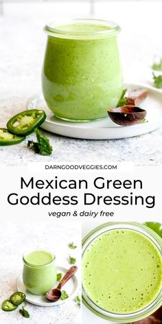 mexican green goddess dressing recipe in a glass jar and on a plate with spoons