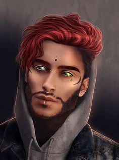 a digital painting of a man with red hair and piercings on his forehead, wearing a hoodie