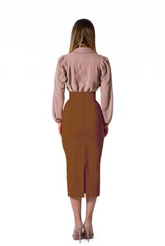 This Dark Brown Cotton Midi Skirt is made from 100% cotton crepe, providing breathability and comfort while also being durable and long-lasting. The midi length provides an elegant and timeless look suited for any occasion. Product Features Please Compare your Measurements To our Size Chart Before Purchase Fully Lined Fitted waist Center back seam with invisible zipper Regular fit- true to size Skirt Length is 30 Inches from Waist Hand Wash with mild soap. Fabric is a 100% Cotton Crepe Delivery Crepe Skirt And Blouse Styles, Fitted Maxi Skirt For Fall Workwear, Elegant Cotton Midi Skirt, Knee-length Maxi Skirt For Workwear In Fall, Solid Color Cotton Skirt For Work, Cotton Skirt For Work In Solid Color, Elegant Cotton Pencil Skirt Bottoms, Elegant Cotton Pencil Skirt, Formal Fitted Cotton Skirt