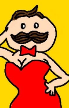 a drawing of a man with a moustache on his face wearing a red dress