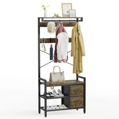 an open rack with shoes, purses and hats on it in front of a white background