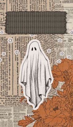 a paper cut out of a ghost with flowers on top of newspaper pages and the word halloween written in black