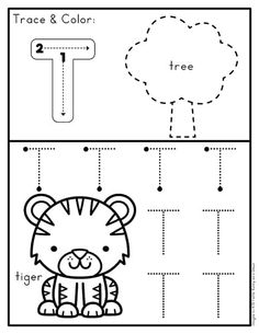 trace and color worksheet for toddlers to practice letter t with the tiger