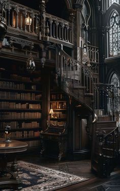 an old fashioned library with many bookshelves