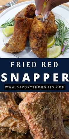 fried red snapper on a plate with lemon wedges