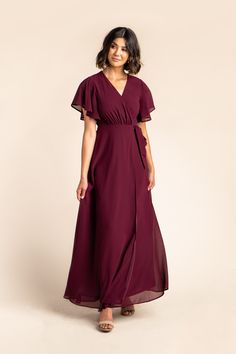 Modest burgundy bridesmaid maxi dress Fall Bridesmaids, Dresses Fall, Chiffon Wrap, Burgundy Bridesmaid Dresses, Wedding Fall, Chiffon Evening Dresses, Wrap Maxi Dress, Dress Chiffon, Short Bridesmaid Dresses