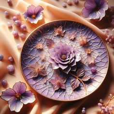 a plate with purple flowers on it